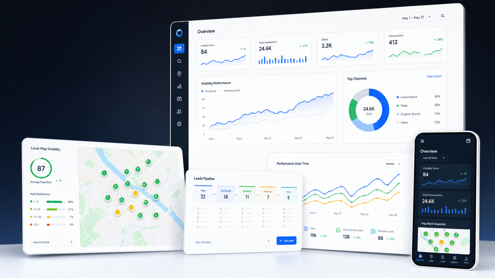 SearchLift analytics dashboard showing local map visibility, lead pipeline, and performance reports.